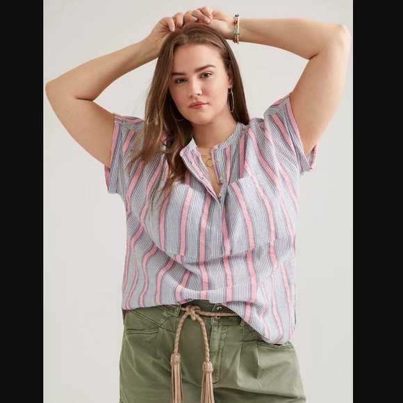 Anthropologie Tops - Anthropologie Maeve Textured Blouse Stripe Button Short Sleeve Boho Oversized L